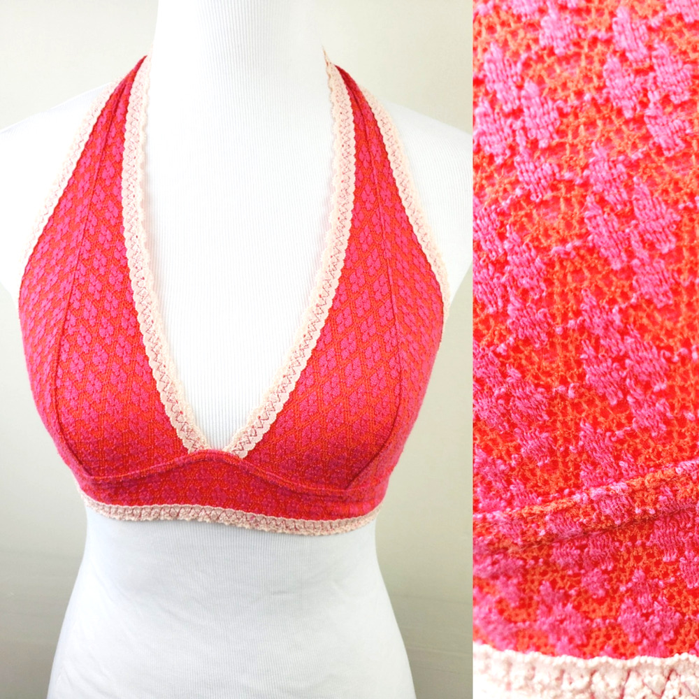 Free People Womens Small Lace Bra Bralette Wireless Hot Pink Retro Print Halter‎